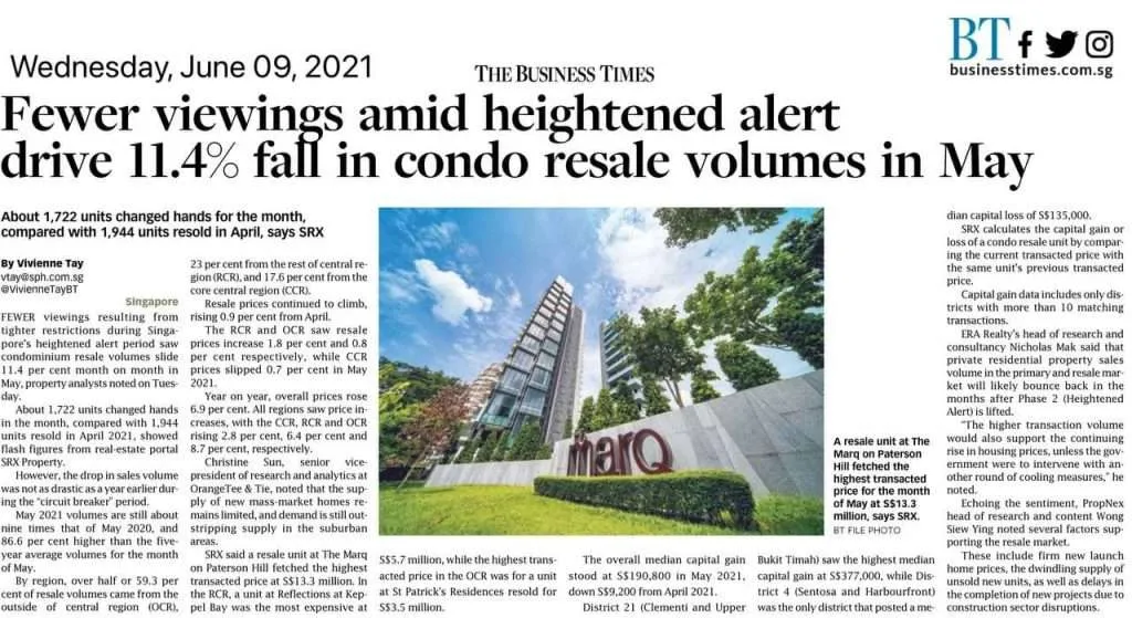 The Business Times - Fewer viewings amid heightened alert drive 11.4% fall in condo resale volumes in May 